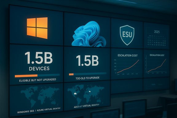 A wall of screens displaying Windows logos and graphs tracking 1.5B devices and upgrade status.
