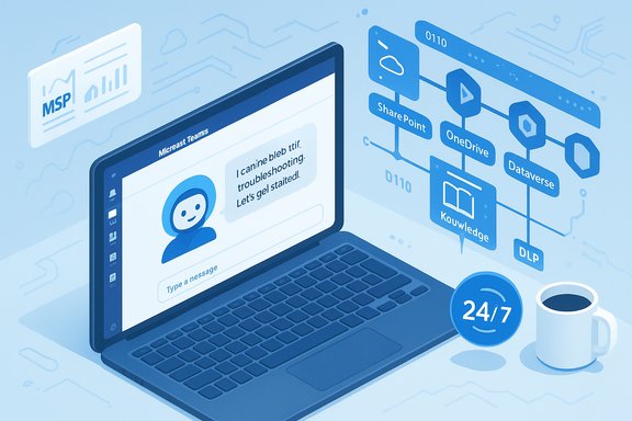 Blue isometric illustration of a laptop chat with an AI assistant connected to cloud services and 24/7 support.