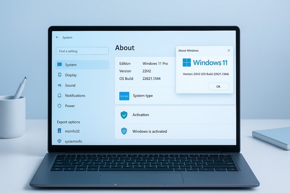 Laptop displaying Windows 11 System Settings About page with a floating dialog.