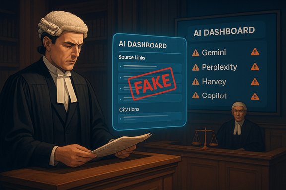 In a courtroom, a judge studies documents as a blue AI dashboard marked FAKE looms nearby.