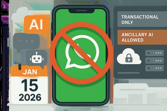 A prohibition sign overlays the WhatsApp logo on a smartphone, amid AI and cloud-security policy imagery.