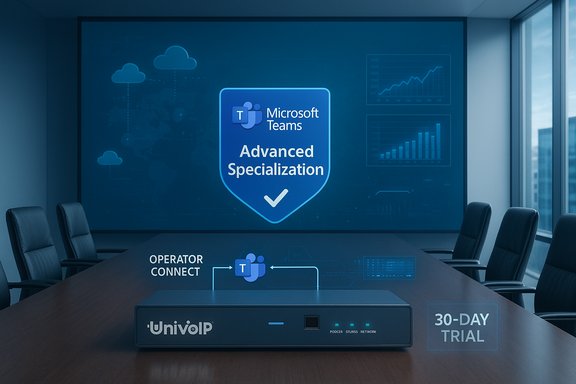 Conference room display showing Microsoft Teams Advanced Specialization shield with a UniVoIP device on the table.