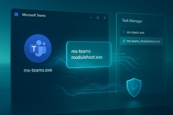 Futuristic blue UI showing Microsoft Teams and Task Manager with ms-teams.exe and modulehost.exe.