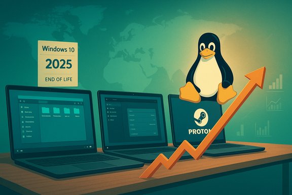Linux's Tux sits atop laptops as Windows 10 ends in 2025, with a rising arrow signaling Proton growth.
