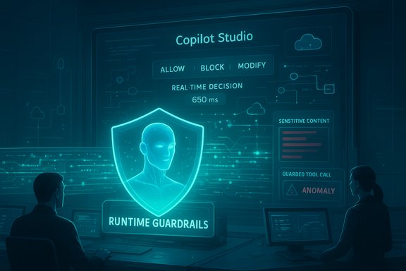 Futuristic control room showing Copilot Studio UI and a glowing shield with 'Runtime Guardrails'.