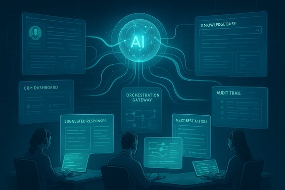 Team of operators monitors AI-driven dashboards linked to a central AI hub.