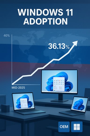 Windows 11 adoption chart showing rise to 36.13% across devices.
