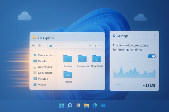 Floating Windows-style File Explorer and Settings panels on a blue wallpaper.