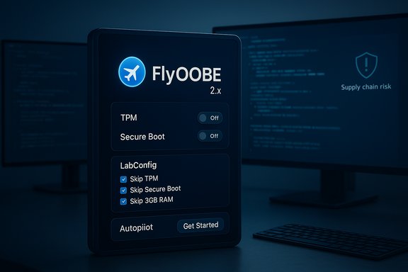 A futuristic FlyOOBE 2.x setup panel with TPM/Secure Boot toggles and LabConfig options.