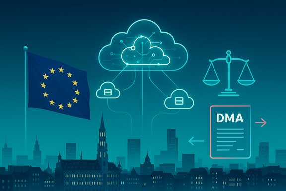 EU flag over a city skyline with cloud network connections, a DMA document, and scales of justice.