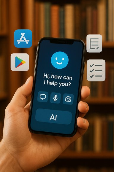 A hand holding a smartphone shows an AI assistant screen with floating app icons around it.