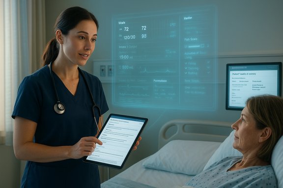 Nurse in scrubs shows a tablet to a patient, while holographic vitals appear in the air.