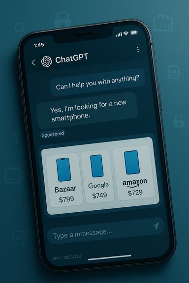 Phone screen shows ChatGPT chat, asking 'Can I help you with anything?' with price cards for Bazaar, Google, and Amazon.