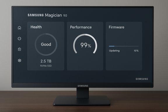 Samsung monitor displaying Magician 9.0 dashboard with Health (Good), Performance 99%, and Firmware updating (10%).