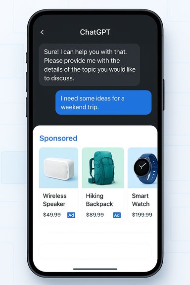 ChatGPT chat screen on a smartphone showing a user prompt and sponsored product cards.