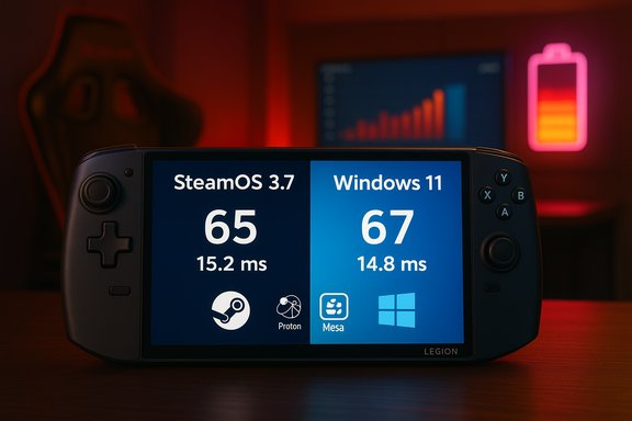 Handheld gaming PC shows a side-by-side test: SteamOS 3.7 (65, 15.2 ms) vs Windows 11 (67, 14.8 ms).