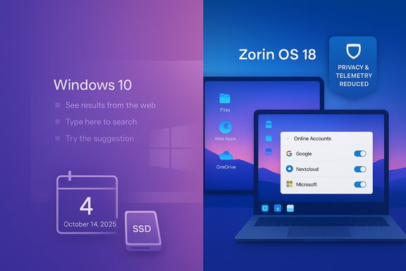 Split-screen comparison: Windows 10 on the left and Zorin OS 18 on the right, highlighting privacy features.