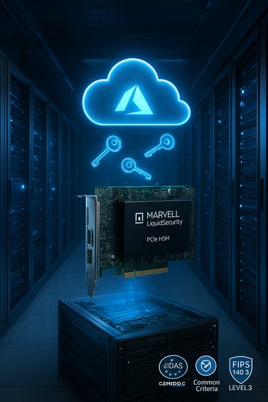 A MARVELL LiquidSecurity PCIe HSM card floats in a neon blue data center with cloud and key icons.