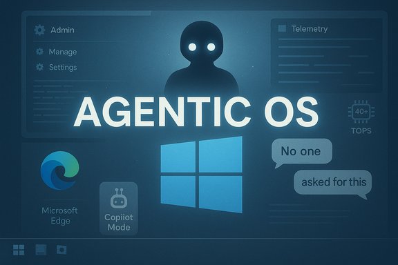 Concept poster for Agentic OS showing a glowing agent silhouette among Windows UI icons.