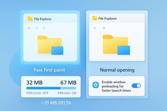 Comparison of fast-first paint with preloading versus normal File Explorer opening, showing a ~35 MB delta.