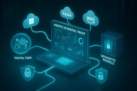 A laptop displays Agentic AI Digital Trust, linked to Azure, AWS, and Windows cloud icons.