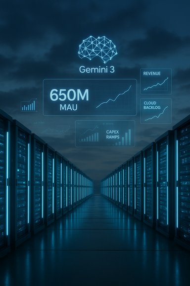 Futuristic data center corridor with holographic Gemini 3 analytics showing 650M MAU.