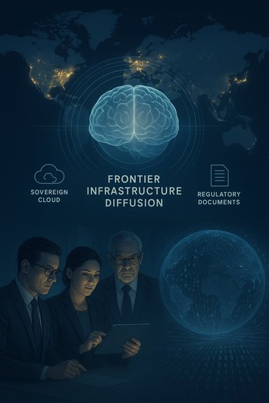 A corporate team examines a tablet beneath a glowing brain and world map labeled “Frontier Infrastructure Diffusion.”