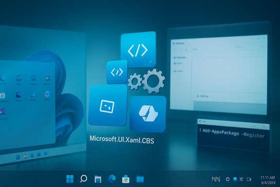 A Windows desktop showing blue code and gear icons with the label Microsoft.UI.Xaml.CBS.