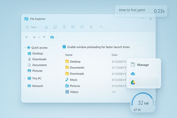 A frosted Windows File Explorer UI with a time-to-first-paint timer and floating storage gauge.