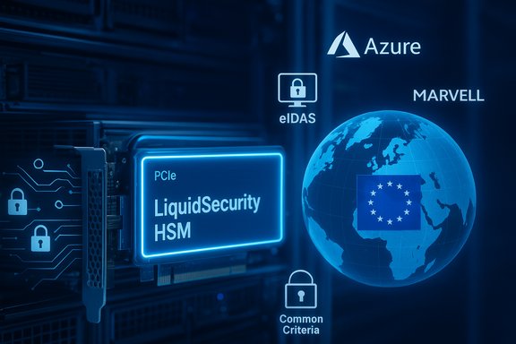 Blue-lit PCIe LiquidSecurity HSM module in a server rack beside a globe with EU flag.