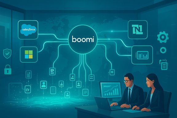 Boomi integration hub connects Salesforce, Windows, and analytics across a global network.