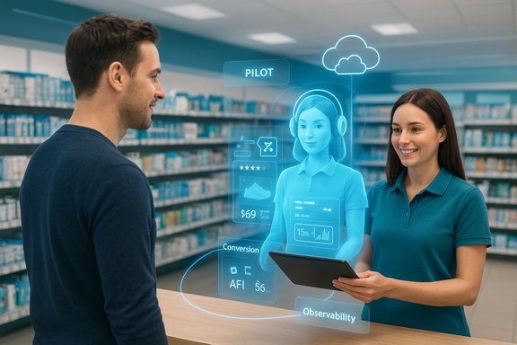 A man speaks with a blue holographic AI assistant in a pharmacy as a staff member holds a tablet.