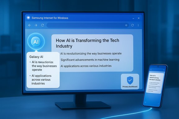 Samsung monitor shows an article titled 'How AI is Transforming the Tech Industry' with Galaxy AI notes.