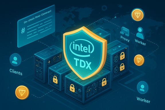 Intel TDX shield atop servers guarding a secure virtualization network with clients, workers, and on-chain contracts.