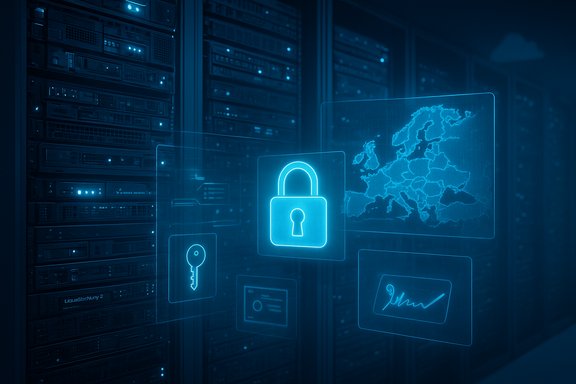 Futuristic data center with glowing holographic security icons (lock, key) and a map of Europe.