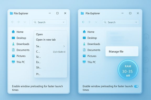 Two blue Windows File Explorer mockups showing navigation pane, search, and a RAM usage gauge.