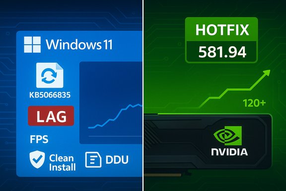 Split screen: Windows 11 update shows lag on the left, NVIDIA hotfix 581.94 boosts performance on the right.