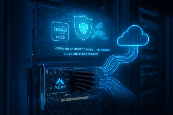 Blue holographic display on a server rack showing eIDAS QSCD, shield, cloud, and Azure branding.