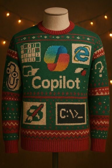 A green Christmas sweater featuring the GitHub Copilot logo and various tech-inspired patches. A green Christmas sweater featuring the GitHub Copilot logo and various tech-inspired patches.