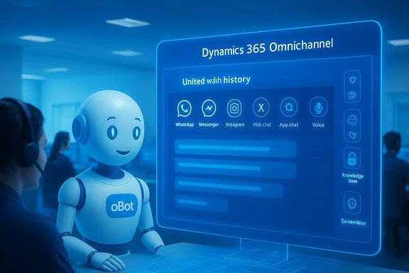 A friendly oBot robot demonstrates Dynamics 365 Omnichannel on a holographic screen.