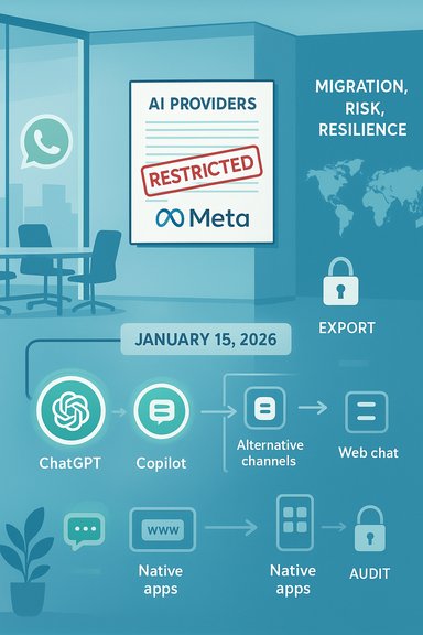 Blue infographic showing AI providers (Meta) with a RESTRICTED stamp and migration/export workflow.