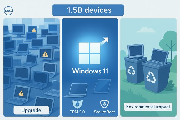 Infographic about upgrading 1.5B devices to Windows 11 with TPM 2.0, Secure Boot, and environmental impact.