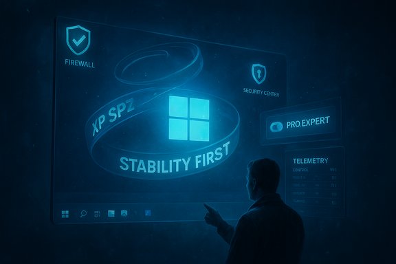 A man points at a holographic dashboard with Windows logo and 'Stability First' banner.