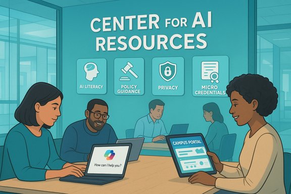 People work at a campus Center for AI Resources, covering AI literacy, policy guidance, privacy, and micro-credentials.