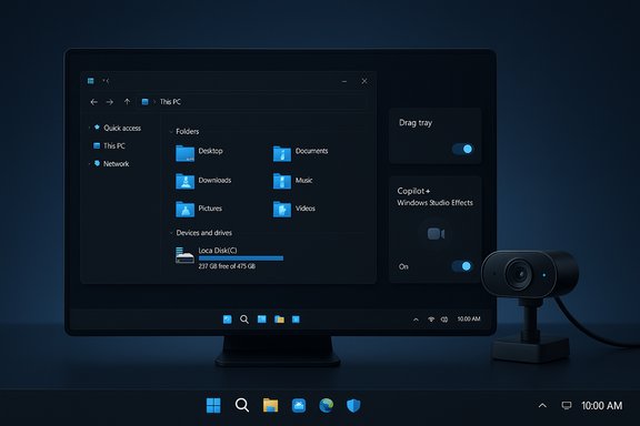 Dark Windows desktop with File Explorer open and widget panels beside a webcam.