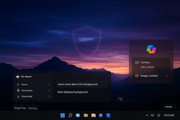 Dark macOS-like desktop with floating panels over a sunset mountain landscape.