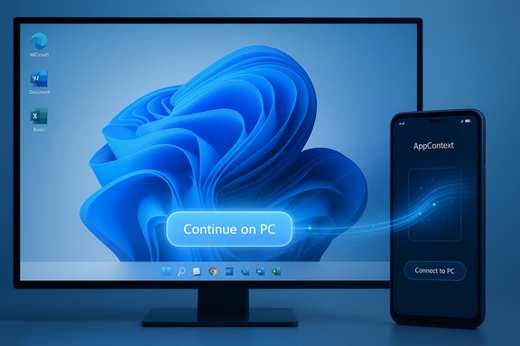 PC monitor with Windows wallpaper and a glowing Continue on PC button beside a smartphone.
