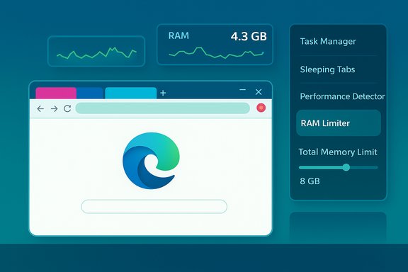A futuristic system dashboard showing RAM metrics and a browser window with a teal-blue logo.