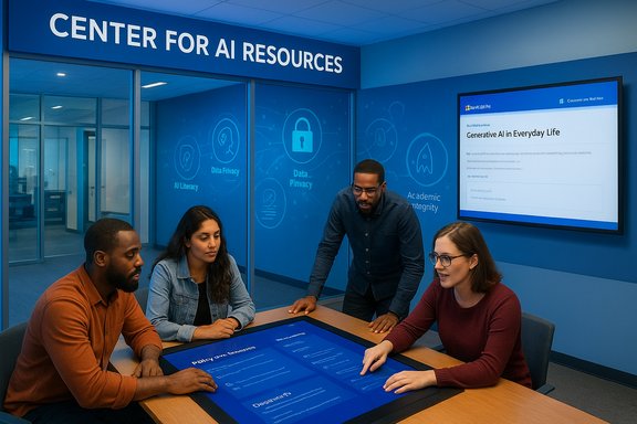Four people collaborate around a large AI-themed interactive table in the Center for AI Resources.