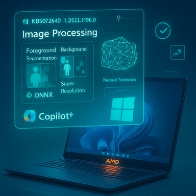 A glowing holographic display on an AMD laptop highlights image processing and neural network features.